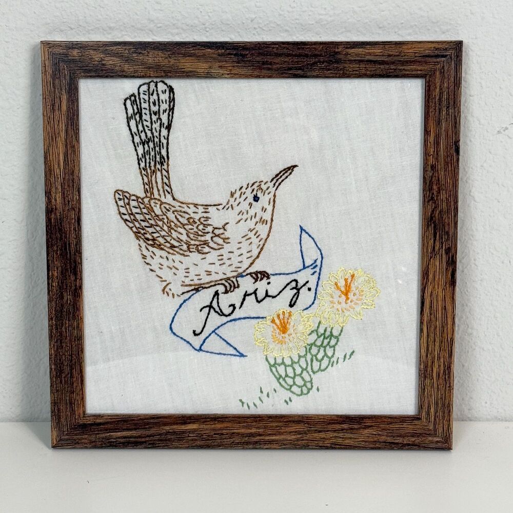 Handmade Vintage Arizona State Bird & Flower Framed 9x9”